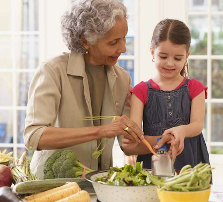 Grandmother and granddaughter making dinner