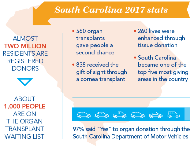 Estadísticas de Carolina del Sur 2017: casi dos millones de residentes son donantes registrados, alrededor de 1000 personas están en la lista de espera de trasplantes de órganos, 560 trasplantes de órganos dieron a las personas una segunda oportunidad, 838 reciben el don de la vista a través de un trasplante de córnea, 260 vidas fueron mejoradas a través del tejido donación, Carolina del Sur se convirtió en una de las cinco áreas más donadas en el país, el 97% dijo que sí a la donación de órganos a través del Departamento de Vehículos Motorizados de Carolina del Sur.